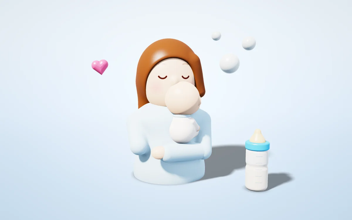 Annesinin omzunda gazı çıkarılan rahat bebek, 3D illüstrasyon