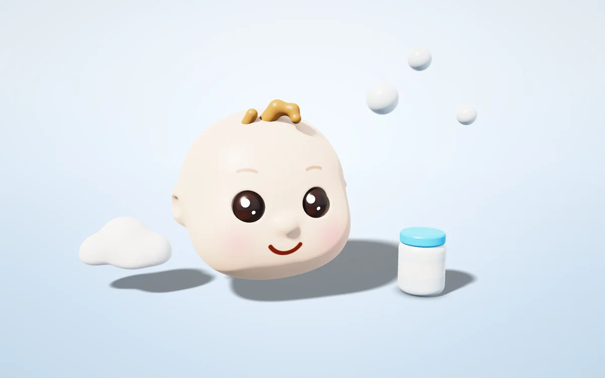 Gece lambası ve yastık yanında rahat uyuyan bebek, 3D illüstrasyon