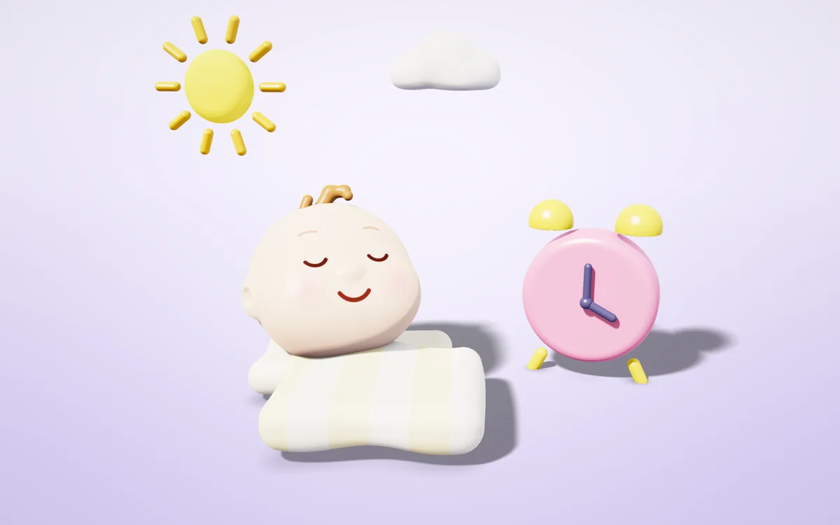 Çalar saat ve yumuşak yastık yanında esneyen bebek, 3D illüstrasyon