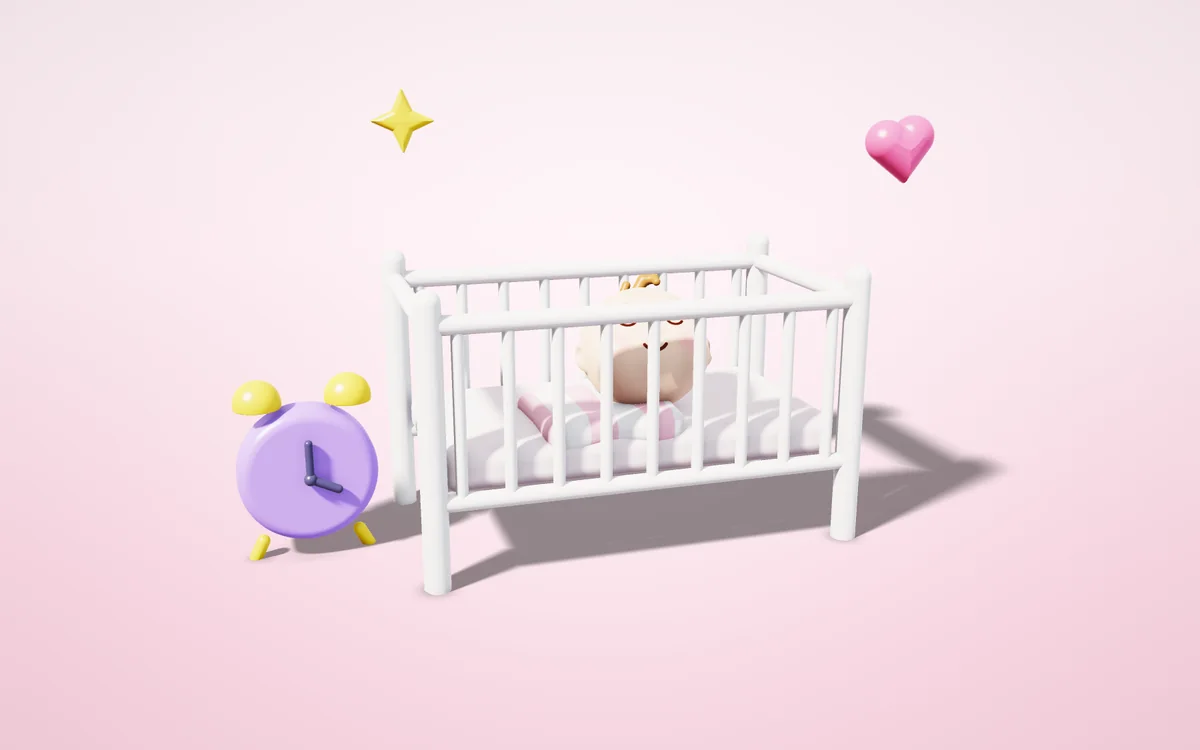 Yumuşak bir yastıkta huzurla uyuyan minik bebek ve kalp, 3D illüstrasyon