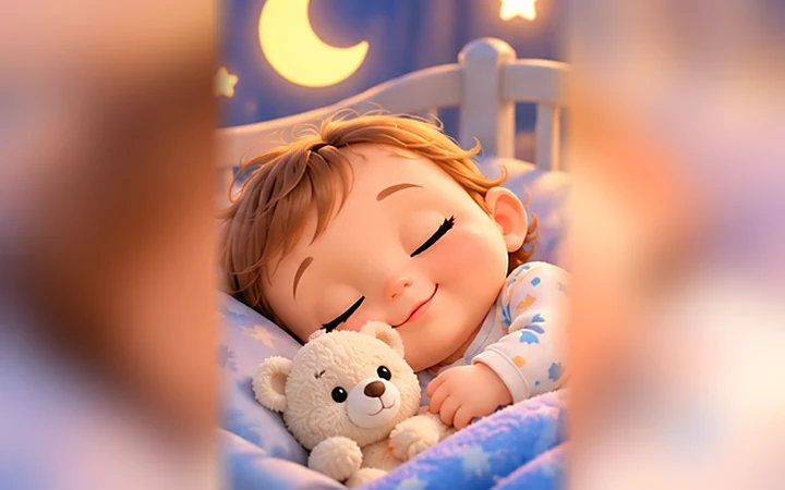 Gece beşiğinde uyuyan bebek, yıldızlı oda