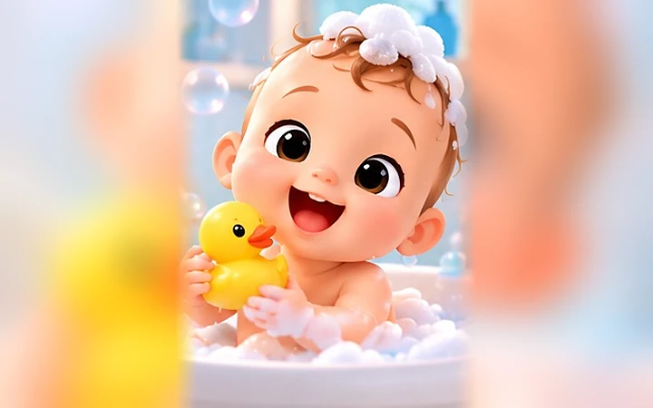 Köpüklü küvette oyuncak ördekle oynayan bebek
