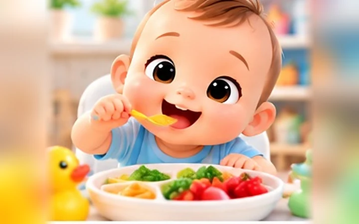 Tabağındaki sebzeleri eliyle yemeyi deneyen bebek